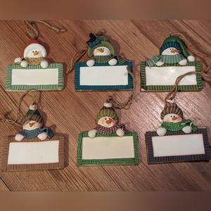 6 Snowman Christmas Tie On Ornaments Name